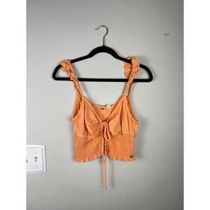 Roxy Smocked Crop Top Tie Front Button Detail Orange Peach Sleeveless Size L